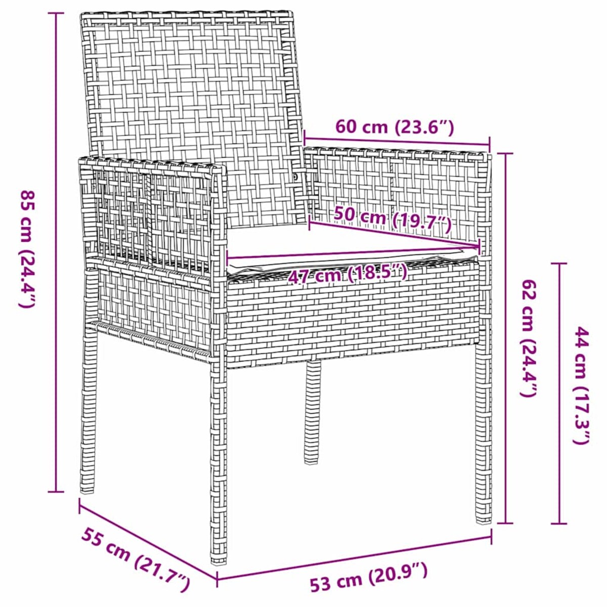 vidaXL Krzesło Ogrodowe 2 pcs Czarny 53 x 60 x 85cm polirattan