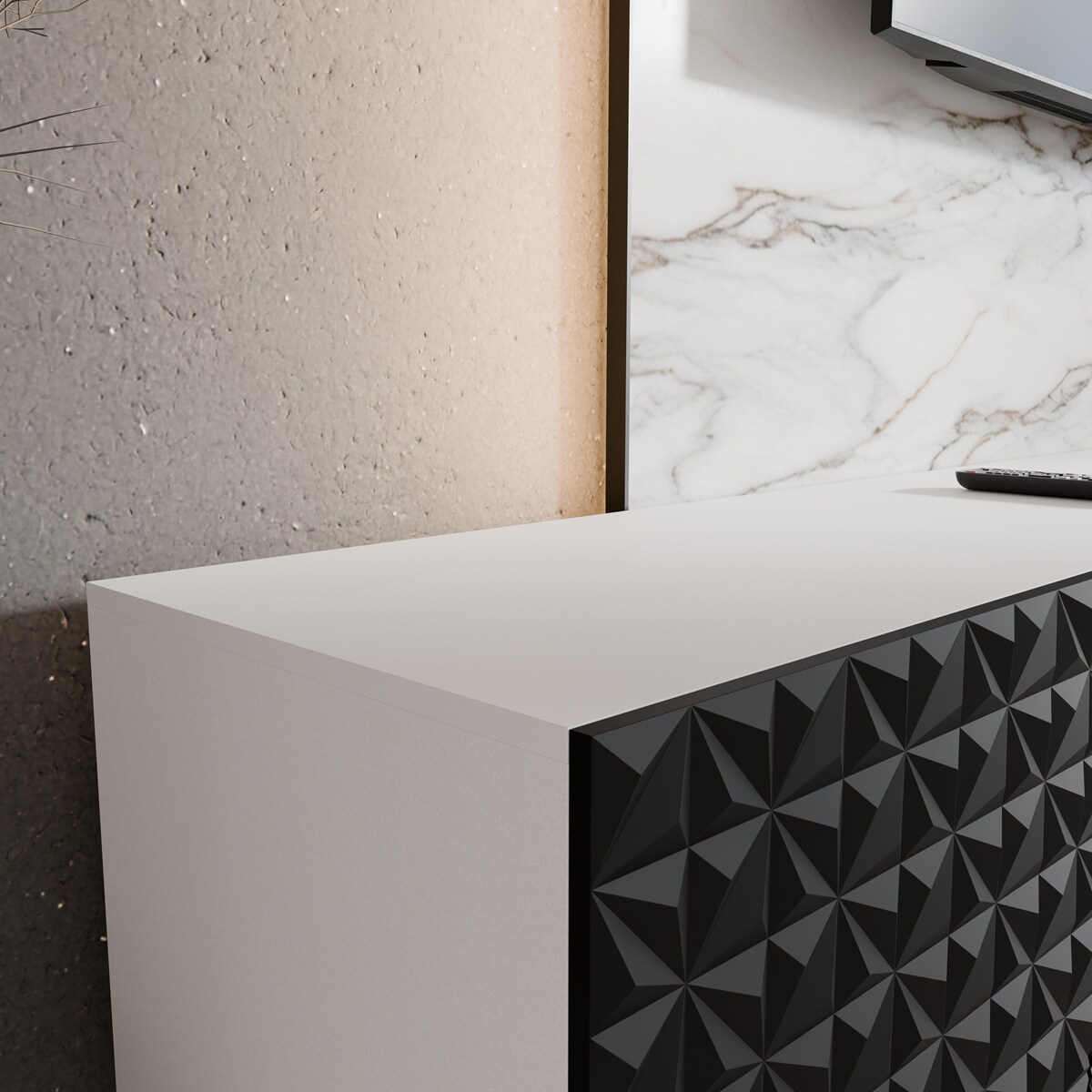 Szafka RTV ALI 300 cm zamknięta z ozdobnymi frontami - czarny+biały