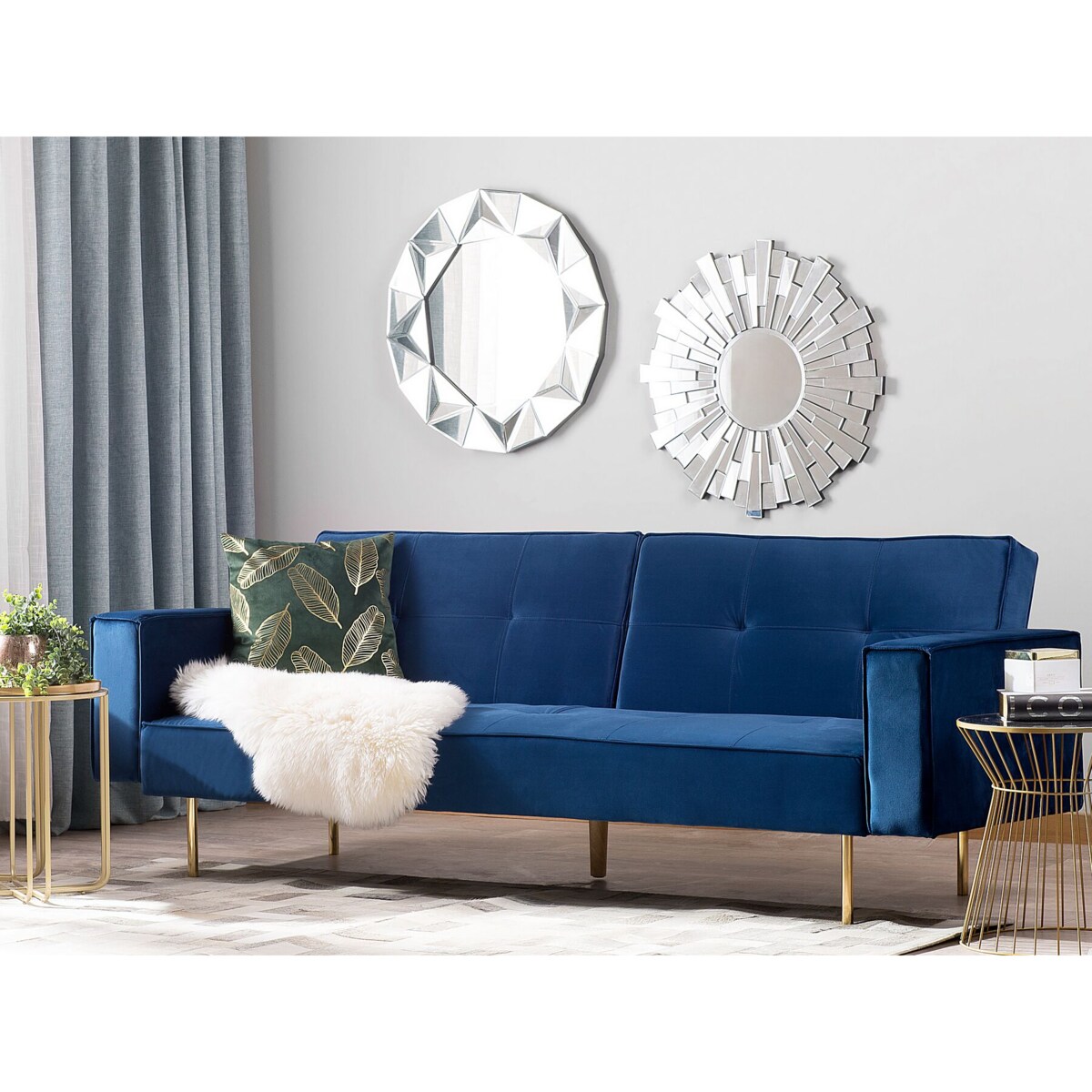 Sofa rozkładana welurowa niebieska VISNES
