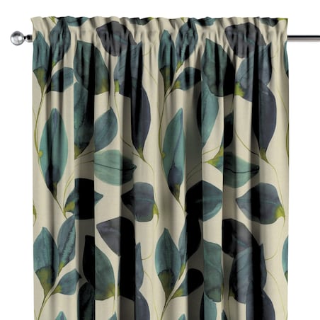 Zasłona na kanale z grzywką 1 szt. 130x245 liście w kolorze szmaragdowej zieleni z fioletem na lnianym tle