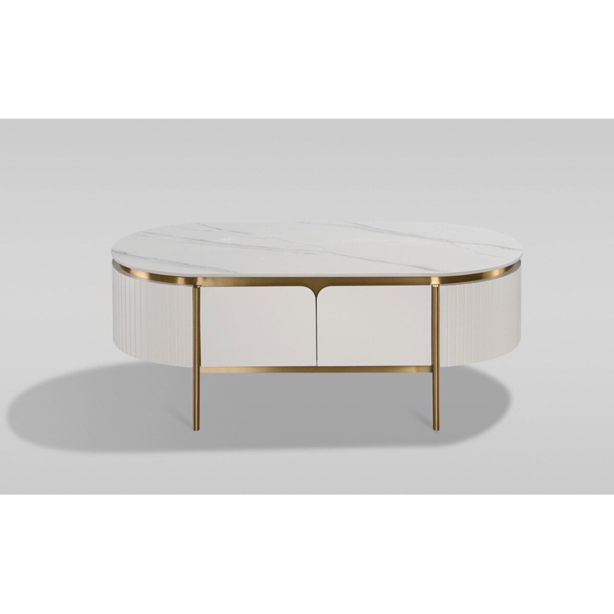 Owalny stolik kawowy glamour ecru Bueno ryflowany 122x70x45