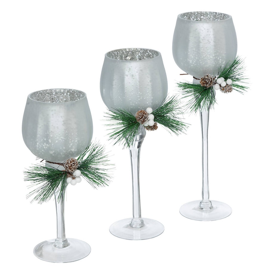 Szklany świecznik ze świąteczną gałązką, 3 sztuki