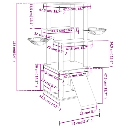 vidaXL Drapak dla kota z sizalowymi słupkami, kremowy, 133 cm