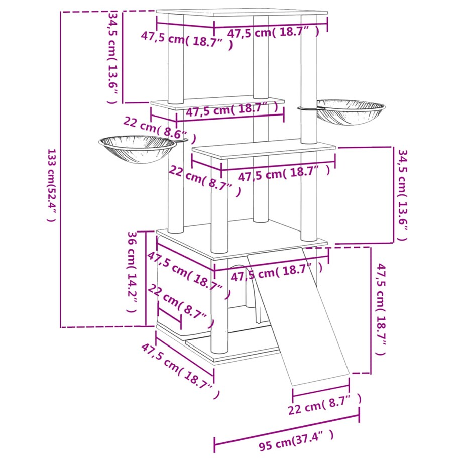 vidaXL Drapak dla kota z sizalowymi słupkami, kremowy, 133 cm