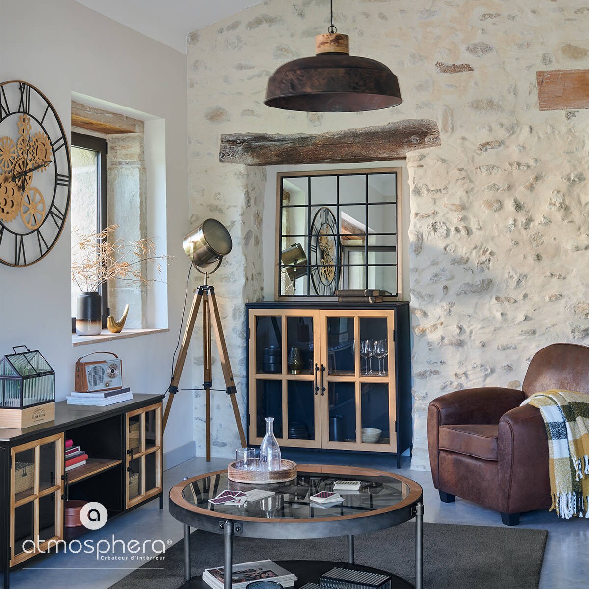 Stolik kawowy z motywem zegara, metalowy z blatem, Ø 90 cm