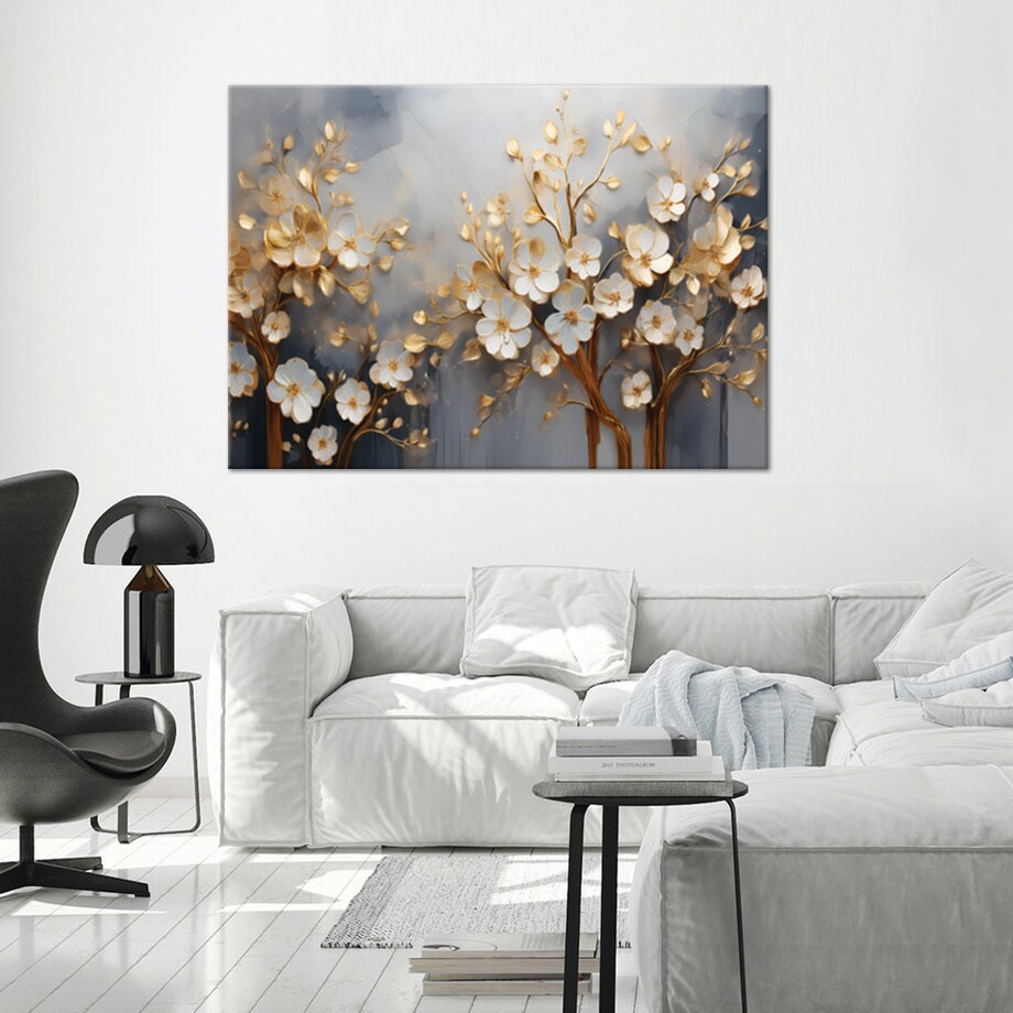 Obraz na ścianę do salonu Drzewo Magnolia Kwiaty Abstrakcja Złoty 100x70