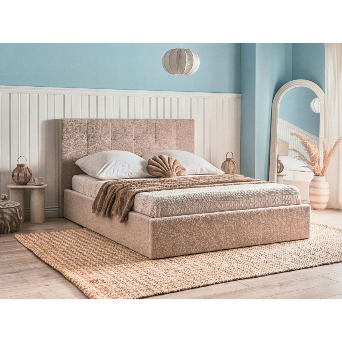 Łóżko z pojemnikiem Boucle LORIENT 160 x 200 cm Beżowy