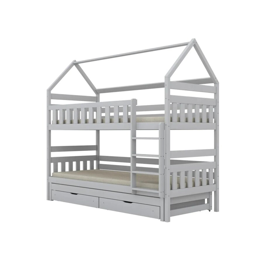 Łóżko piętrowe domek FELIKS 200x90 białe drewniane trzyosobowe z szufladami