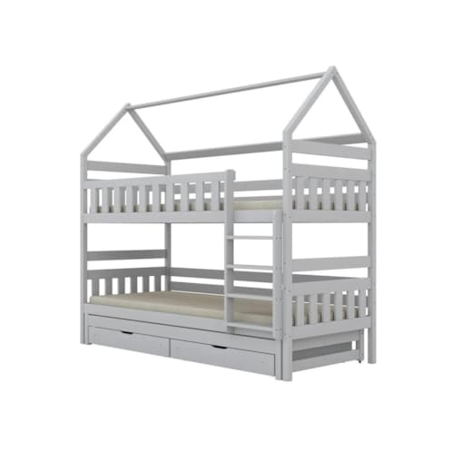 Łóżko piętrowe domek FELIKS 200x90 białe drewniane trzyosobowe z szufladami