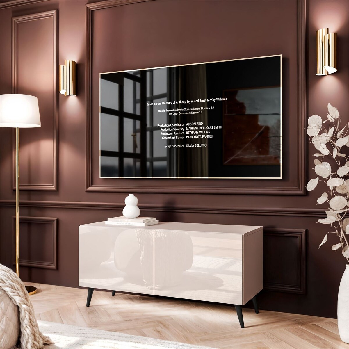 Szafka RTV COLGANTE 100 kaszmir wysoki połysk, oświetlenie LED, nóżki skośne czarne