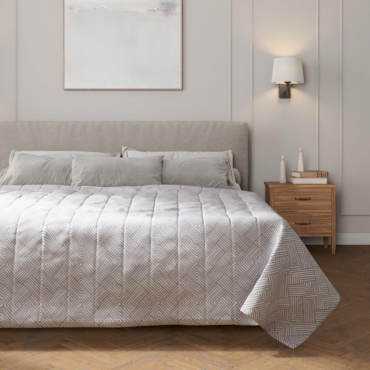 Narzuta pikowana w pasy 130x210 szare wzory geometryczne