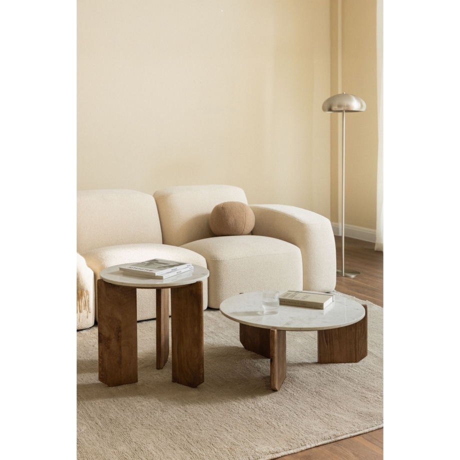 Komplet 2 stolików kawowych z białego marmuru i drewna mango Lavinia