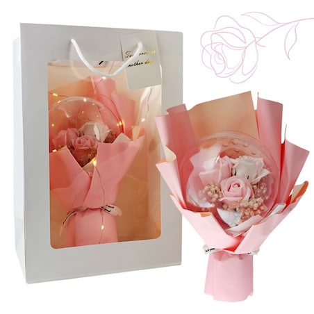 Bukiet zapachowych kwiatów mydlanych w torebce na prezent, kula, świecące LED - BUK14R