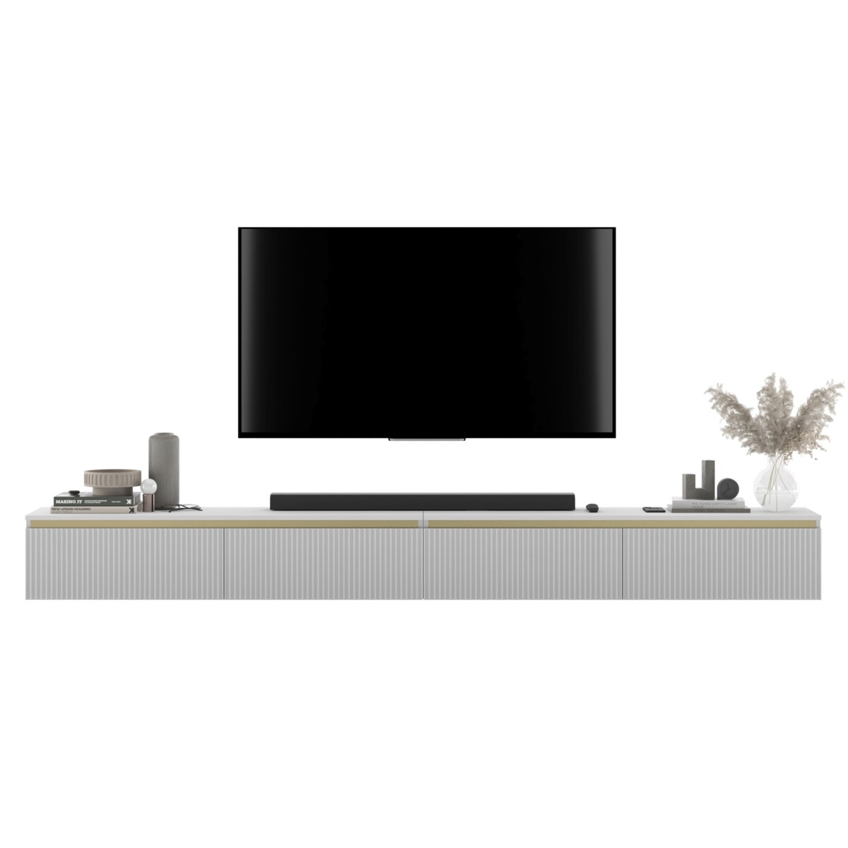 Wisząca Szafka RTV Glamour Komoda RTV Biały Mat 280 cm ryflowane fronty