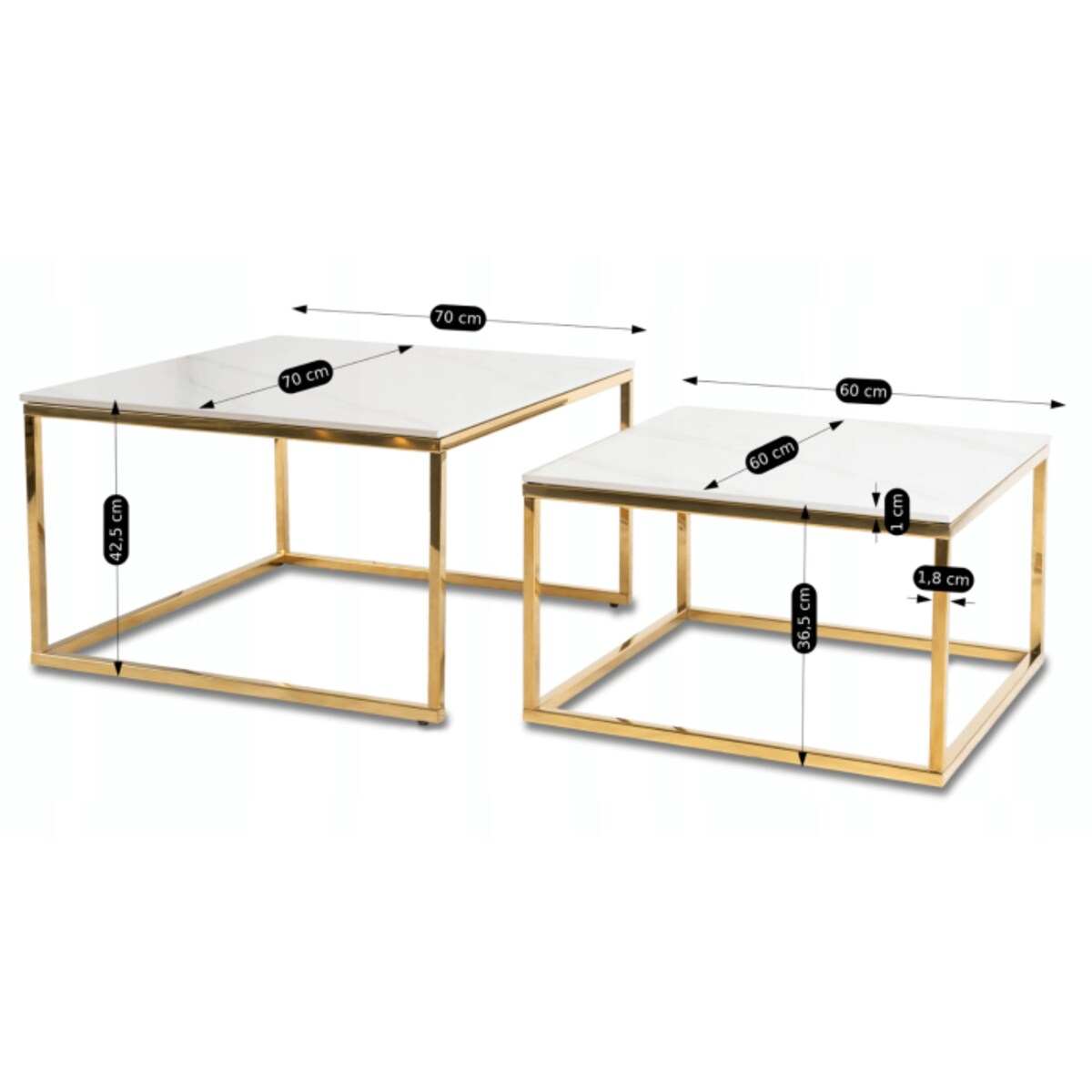Stolik Kawowy Kwadratowy Zestaw 2w1 Ława Glamour Biały Marmur Złoty TENOR