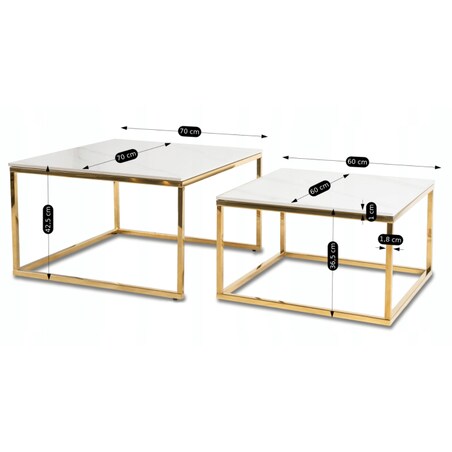 Stolik Kawowy Kwadratowy Zestaw 2w1 Ława Glamour Biały Marmur Złoty TENOR