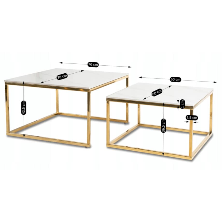 Stolik Kawowy Kwadratowy Zestaw 2w1 Ława Glamour Biały Marmur Złoty TENOR