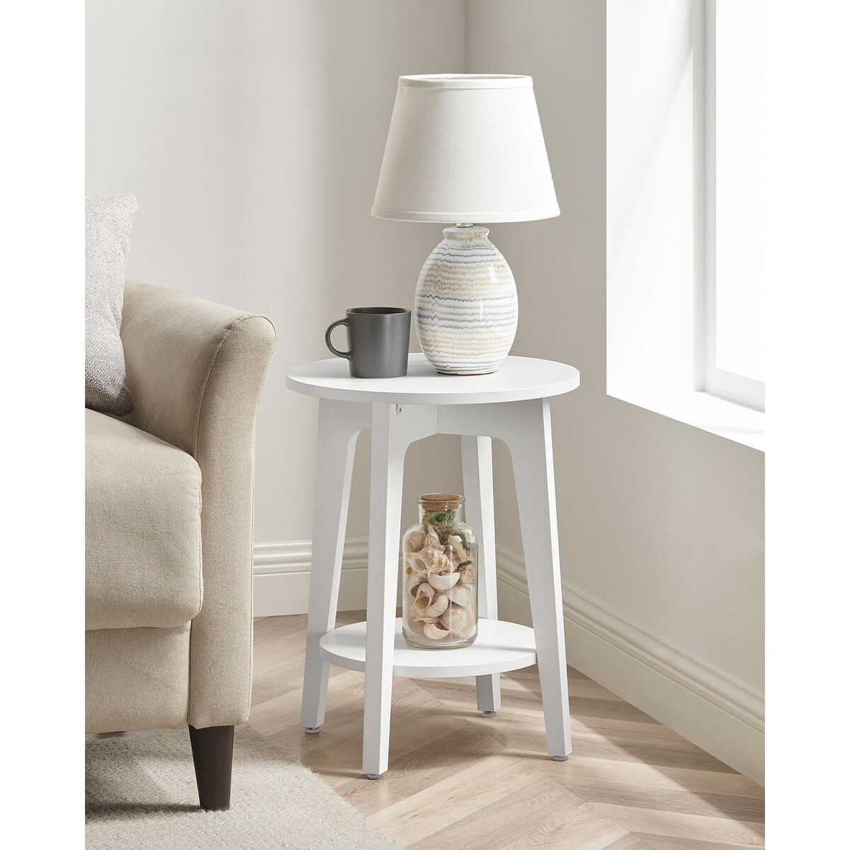 STOLIK KAWOWY BOCZNY OKRĄGŁY Z PÓŁKĄ - BIAŁY