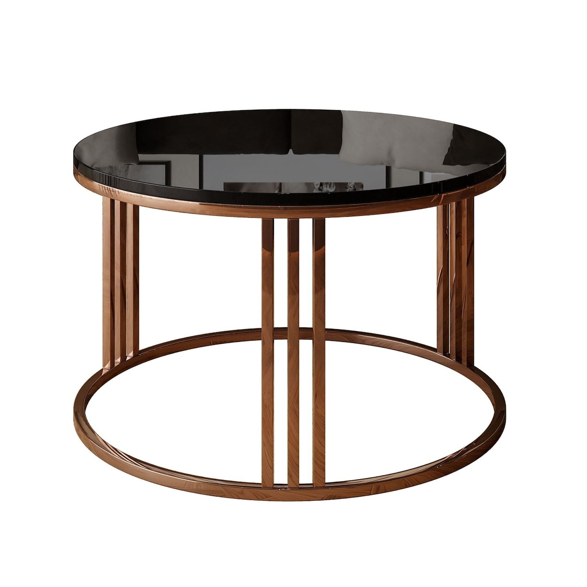 Okrągły stolik kawowy LORI połysk z miedzianym stelażem, czarny połysk