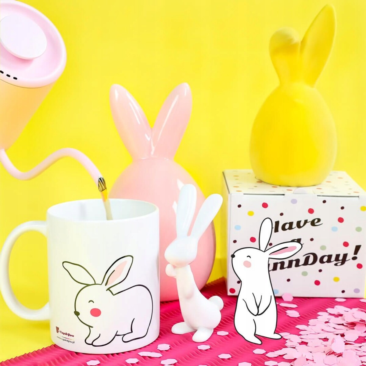 Ceramiczny kubek z uchwytem FUNNY BUNNY do kawy herbaty czekolady 300ml - prezent upominek na Wielkanoc dla kobiety faceta babci dziadka mamy taty