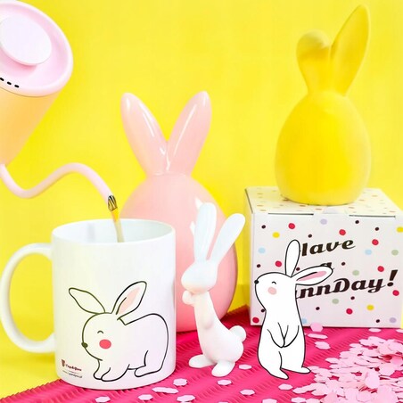Ceramiczny kubek z uchwytem FUNNY BUNNY do kawy herbaty czekolady 300ml - prezent upominek na Wielkanoc dla kobiety faceta babci dziadka mamy taty