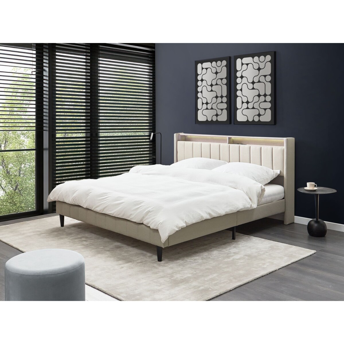 Łóżko LED BEAULIEU 180 x 200 cm Z portem USB ze schowkiem Beżowy