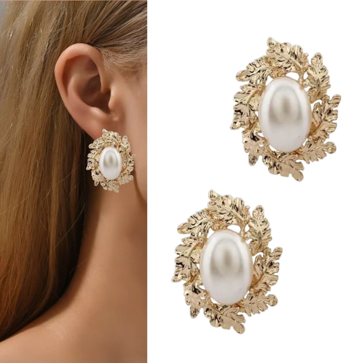 Eleganckie złote kolczyki z listkami i perłą przy uchu VINTAGE glamour