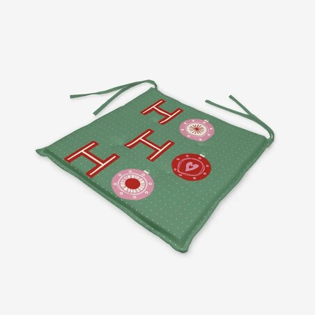 Poduszka świąteczna na krzesło - HO HO HO - bombki - zielone tło