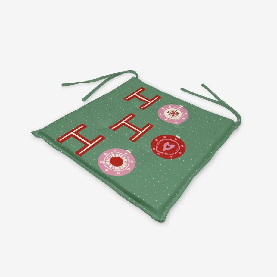 Poduszka świąteczna na krzesło - HO HO HO - bombki - zielone tło