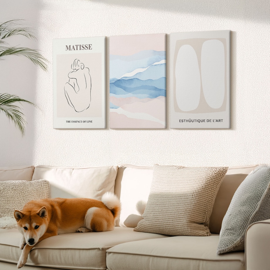 Zestaw 3 dużych obrazów na płótnie - Abstrakcyjne formy Matisse - beżowy