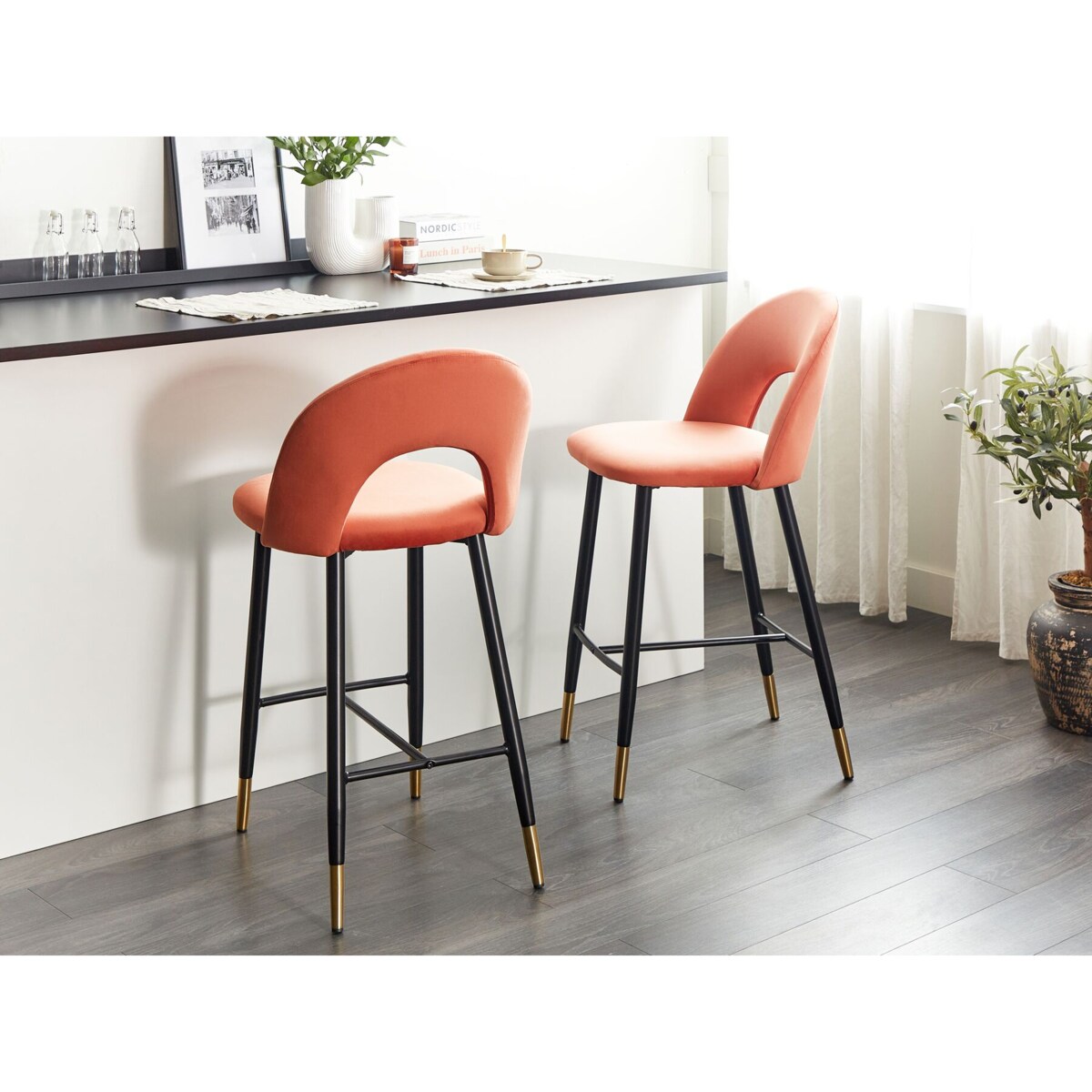 Zestaw 2 krzeseł barowych welurowy koralowy FALTON