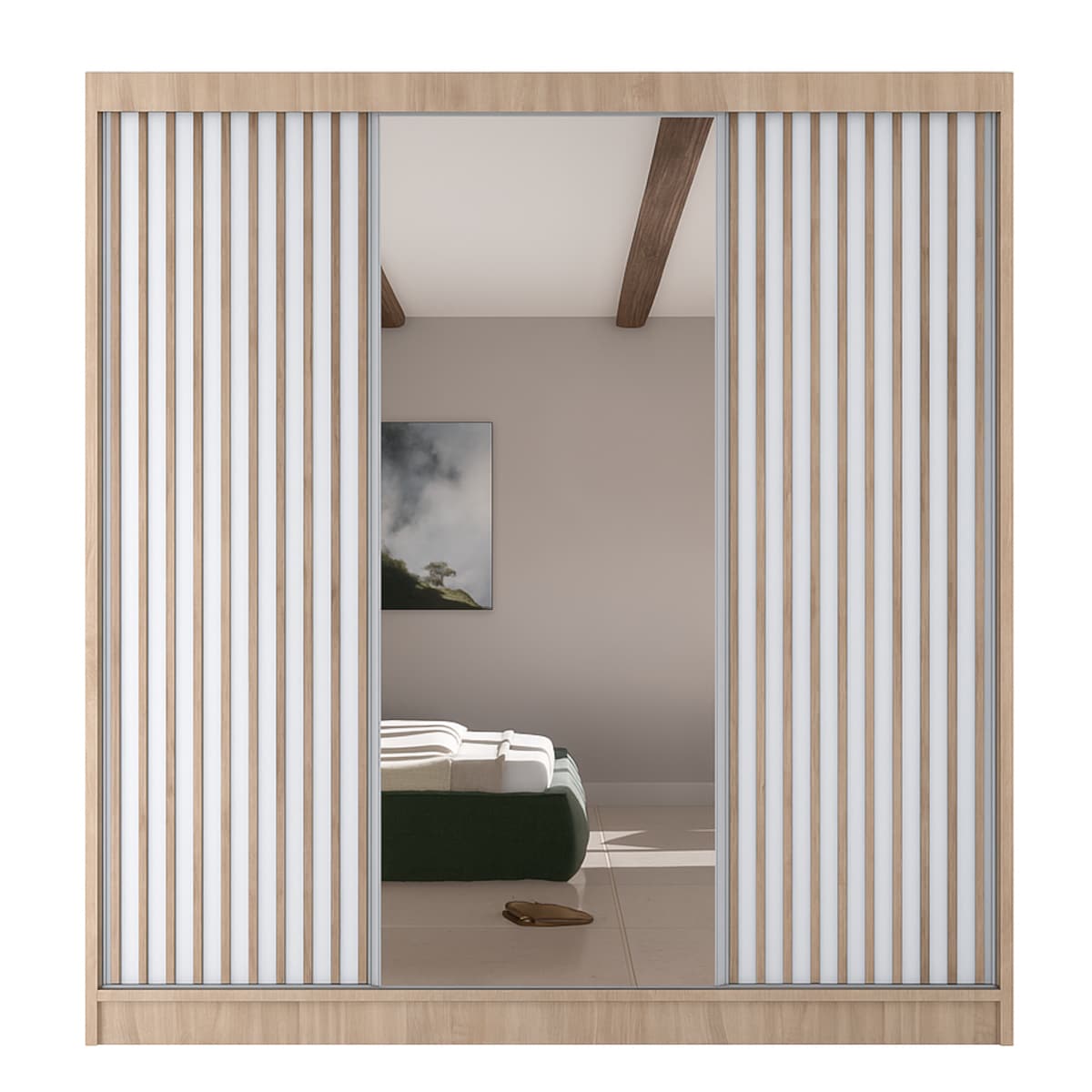 Szafa przesuwna lamele V200 z lustrem i szufladami- sonoma+biały front