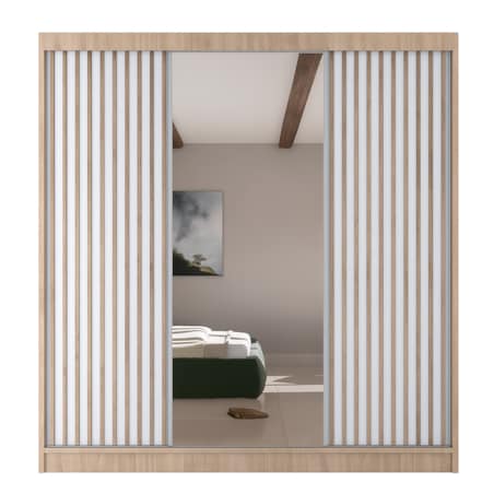 Szafa przesuwna lamele V200 z lustrem i szufladami- sonoma+biały front