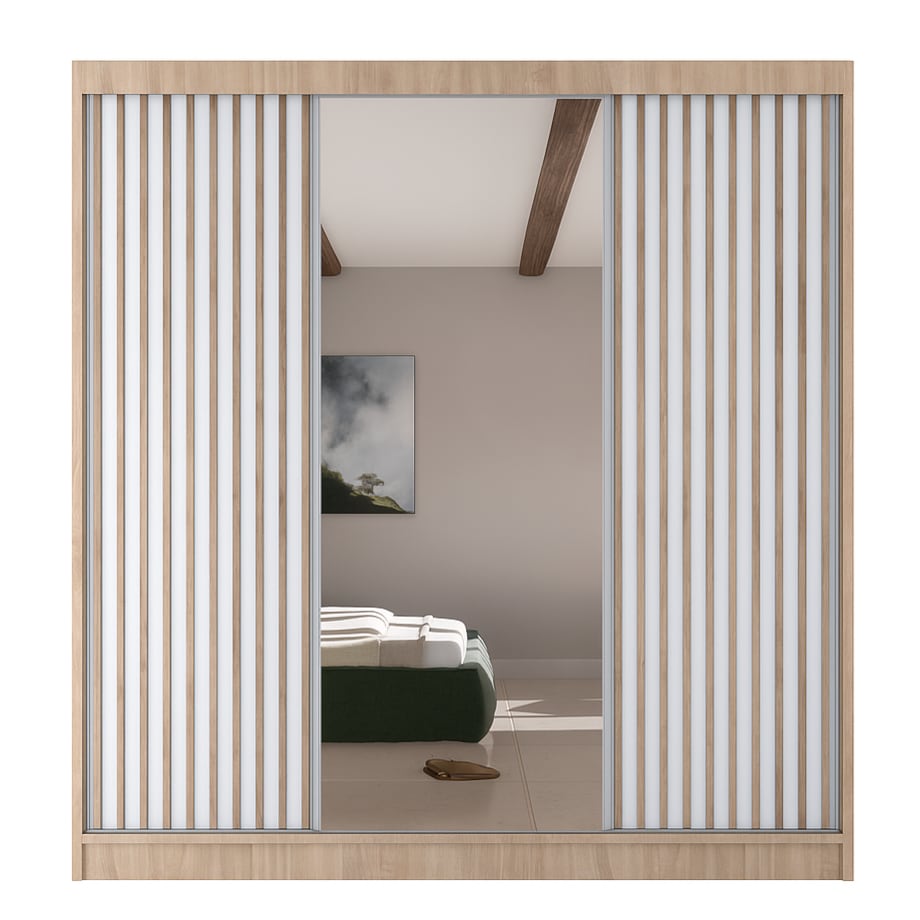 Szafa przesuwna lamele V200 z lustrem i szufladami- sonoma+biały front