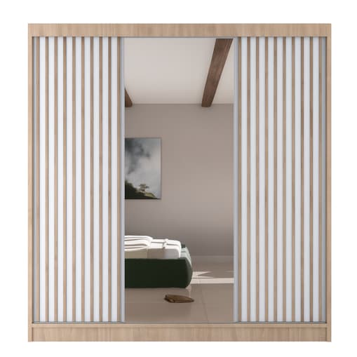 Szafa przesuwna lamele V200 z lustrem i szufladami- sonoma+biały front