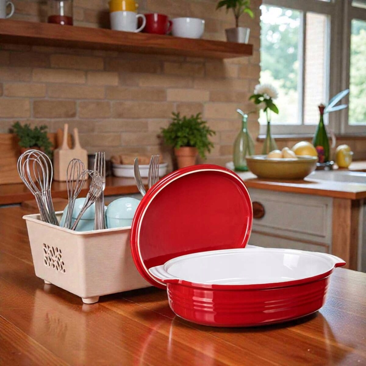 BRYTFANNA CERAMICZNA Z POKRYWĄ DO ZAPIEKANIA 3,6L naczynie owalne czerwone