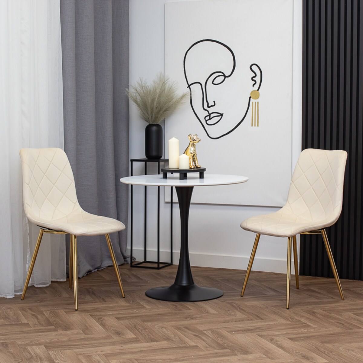 Krzesło tapicerowane beżowe welurowe pikowane glamour złote nogi