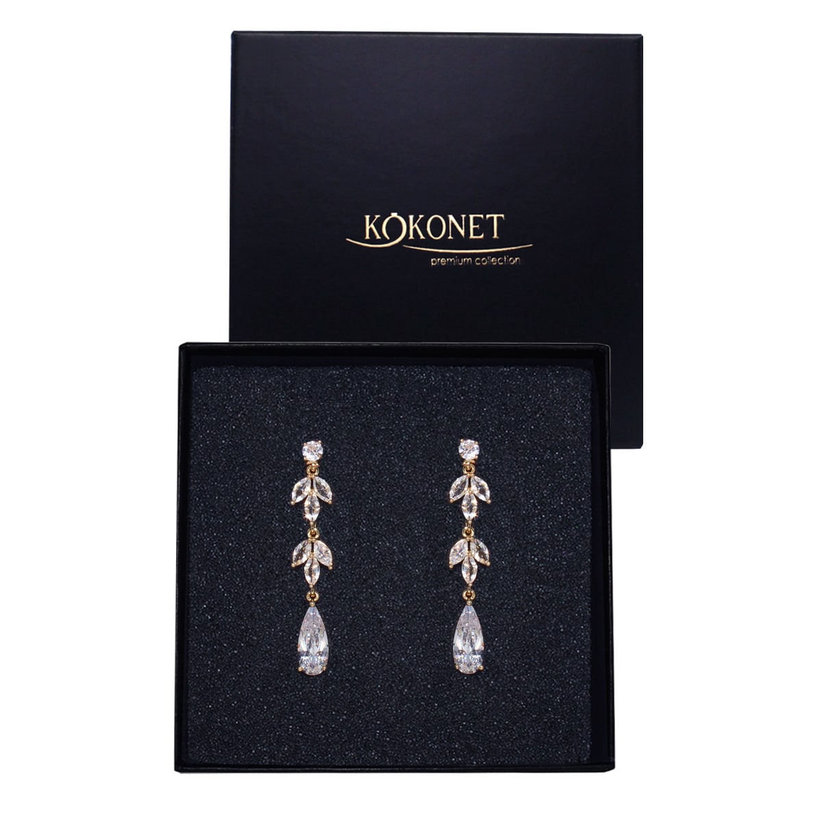 Długie kolczyki złote z listkami cyrkoniami POZŁACANE ślubne eleganckie