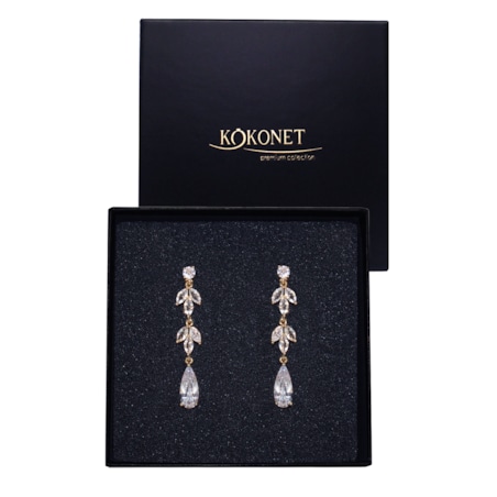 Długie kolczyki złote z listkami cyrkoniami POZŁACANE ślubne eleganckie