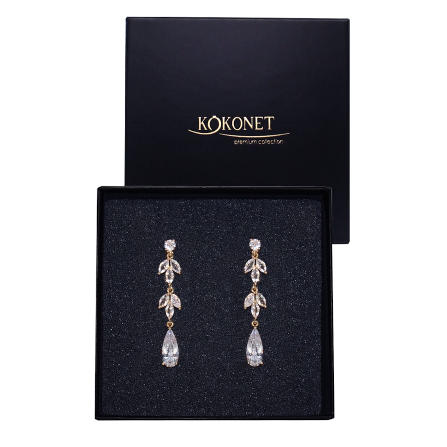 Długie kolczyki złote z listkami cyrkoniami POZŁACANE ślubne eleganckie