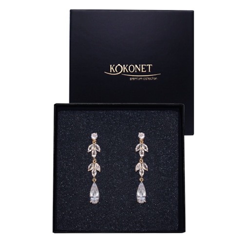 Długie kolczyki złote z listkami cyrkoniami POZŁACANE ślubne eleganckie