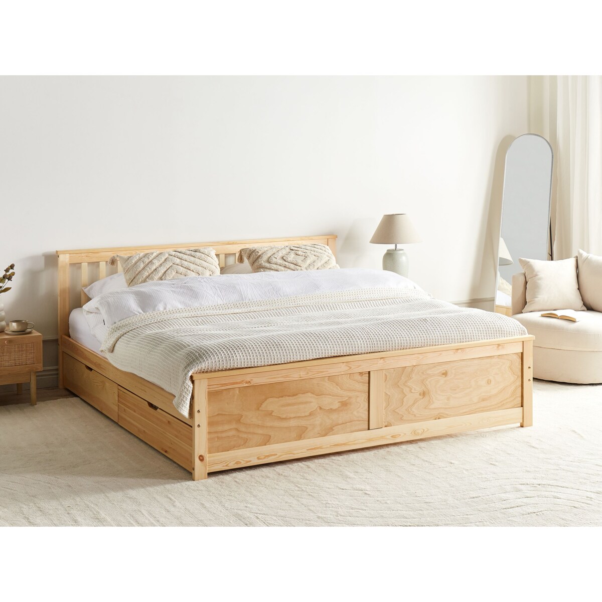 Łóżko ze schowkiem OLENDON 160 x 200 cm Z miejscem do przechowywania Drewno Jasne drewno