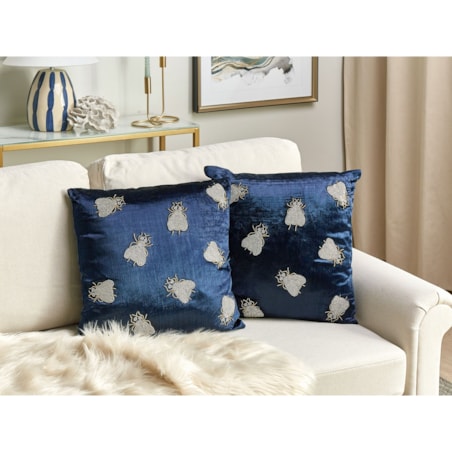 2 welurowe poduszki dekoracyjne haftowana w muchy 45 x 45 cm granatowe PENTAS
