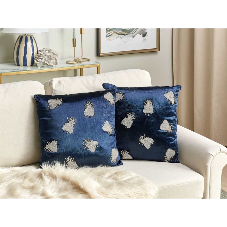 2 welurowe poduszki dekoracyjne haftowana w muchy 45 x 45 cm granatowe PENTAS
