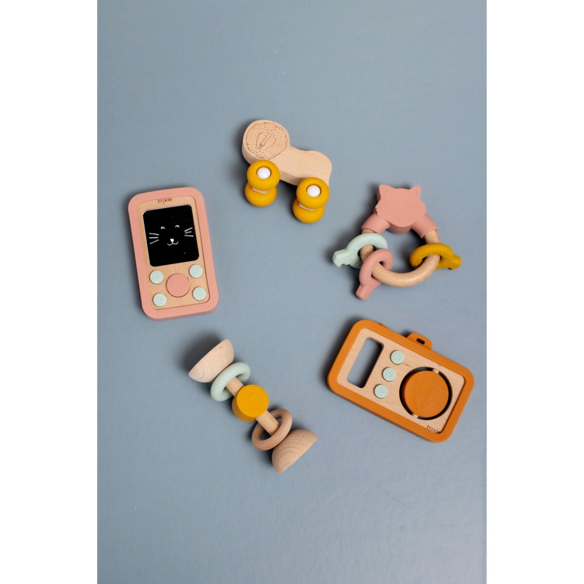 Drewniany silikonowy telefon dla niemowląt - Kot Trixie Baby
