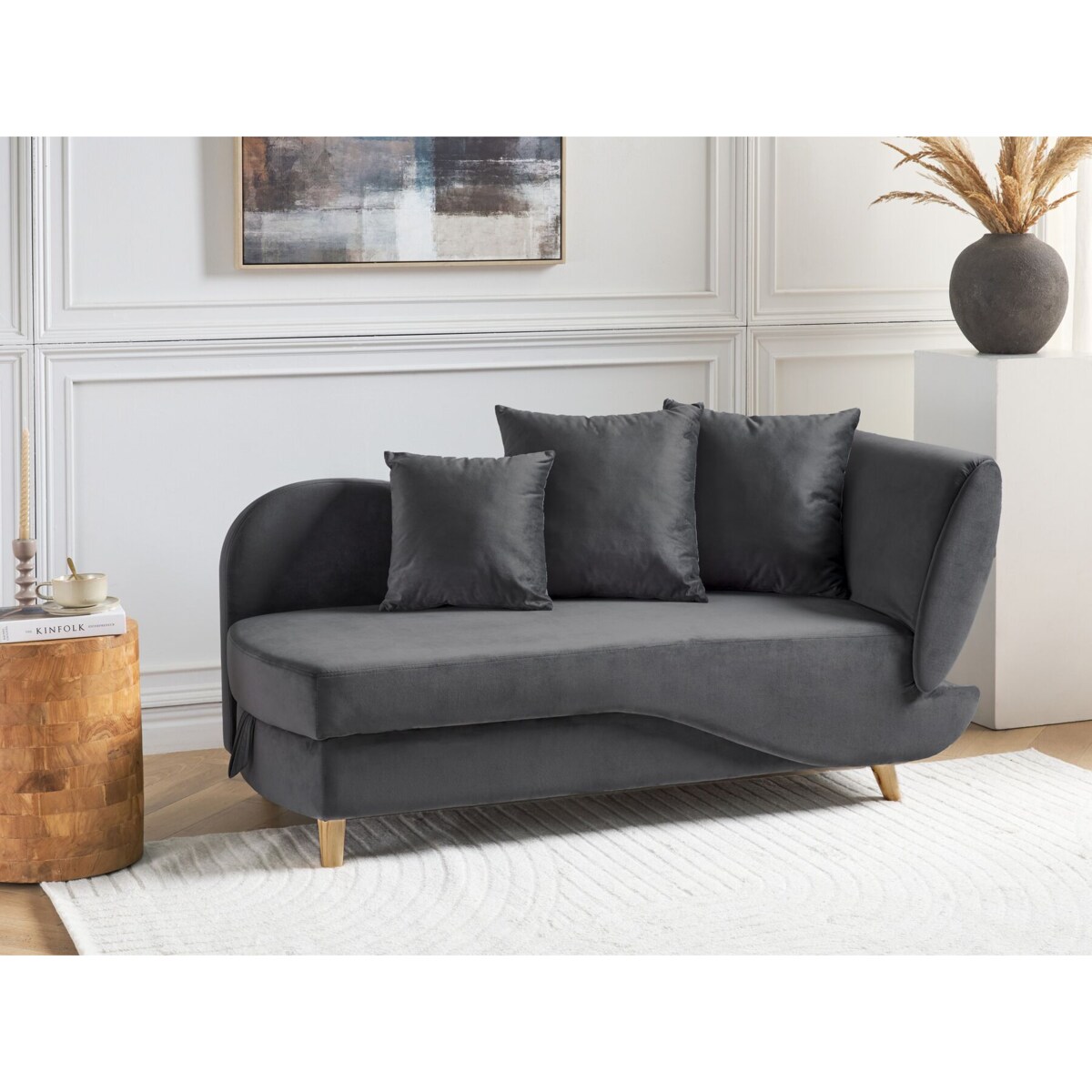 Szezlong prawostronny MERI Welur Ciemnoszary ze schowkiem