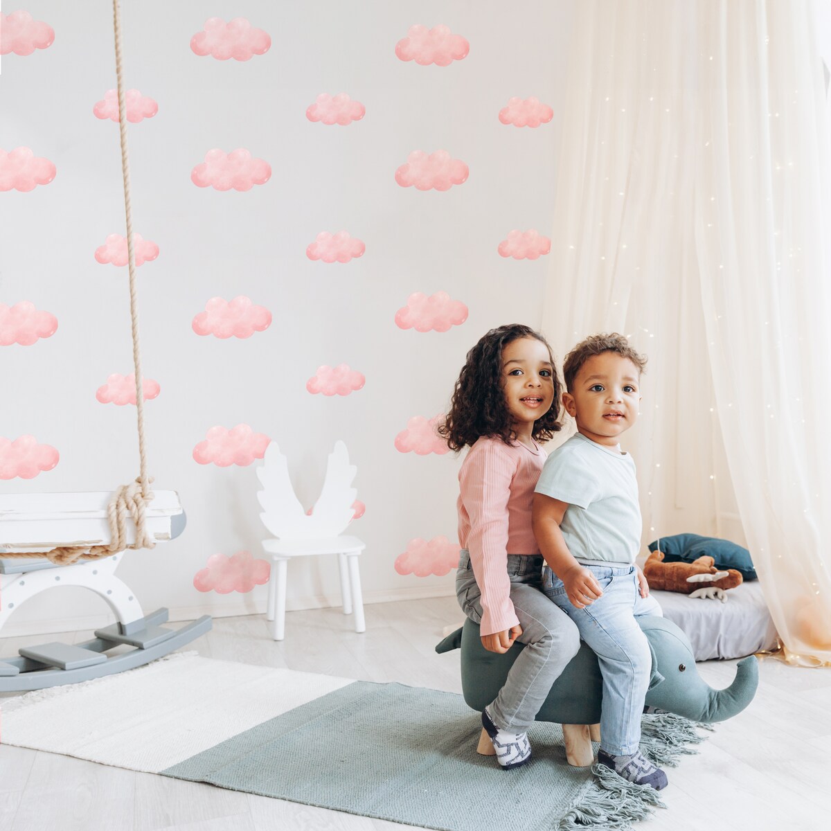 Naklejki Ścienne Dla Dzieci Różowe Chmurki Pastelowe Chmury Boho Zestaw 120x60cm