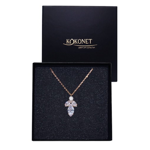 Złoty naszyjnik z cyrkoniami i perłami listki BOHO glam ŚLUB okazja TREND