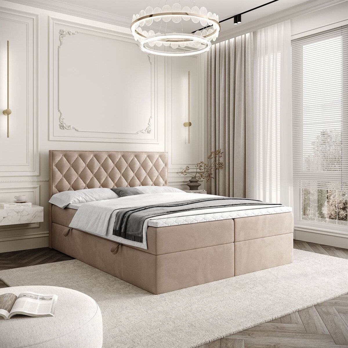 Łóżko kontynentalne INEZ, pojemnik na pościel, 140x200, Royal Velvet 170, topper