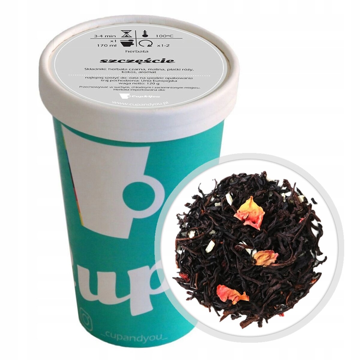 Herbata czarna SZCZĘŚCIE premium kokos malina płatki róży na prezent 120g - herbata liściasta sypana mieszanka napar susz
